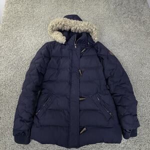 Lauren Ralph Lauren Coat Womens Small Blue Hooded Down Puffer Parka Faux Fur